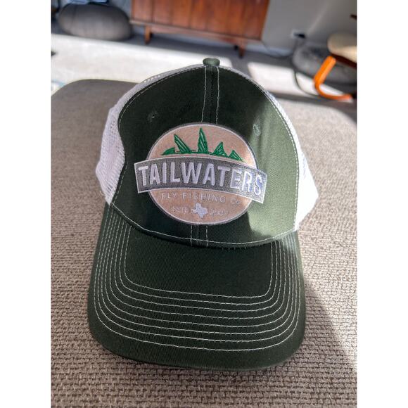 TAILWATERS FLY FISHING TROUT LOGO TRUCKER HAT. Military green. Adjustable. - Picture 2 of 4